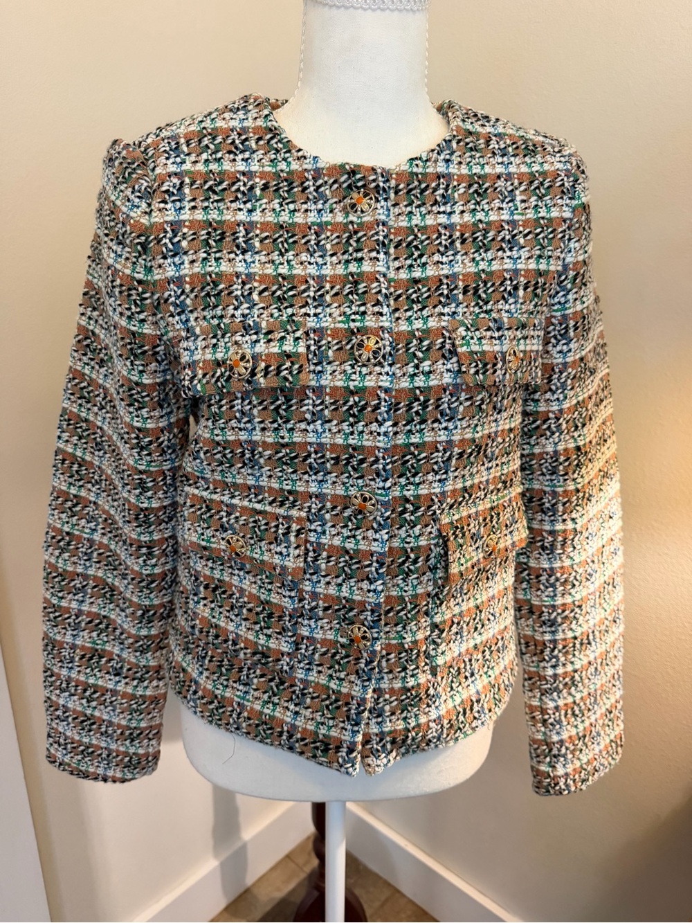 Truth Multicolor Tweed Career Blazer Brown, Blue & Green Fall Floral Buttons